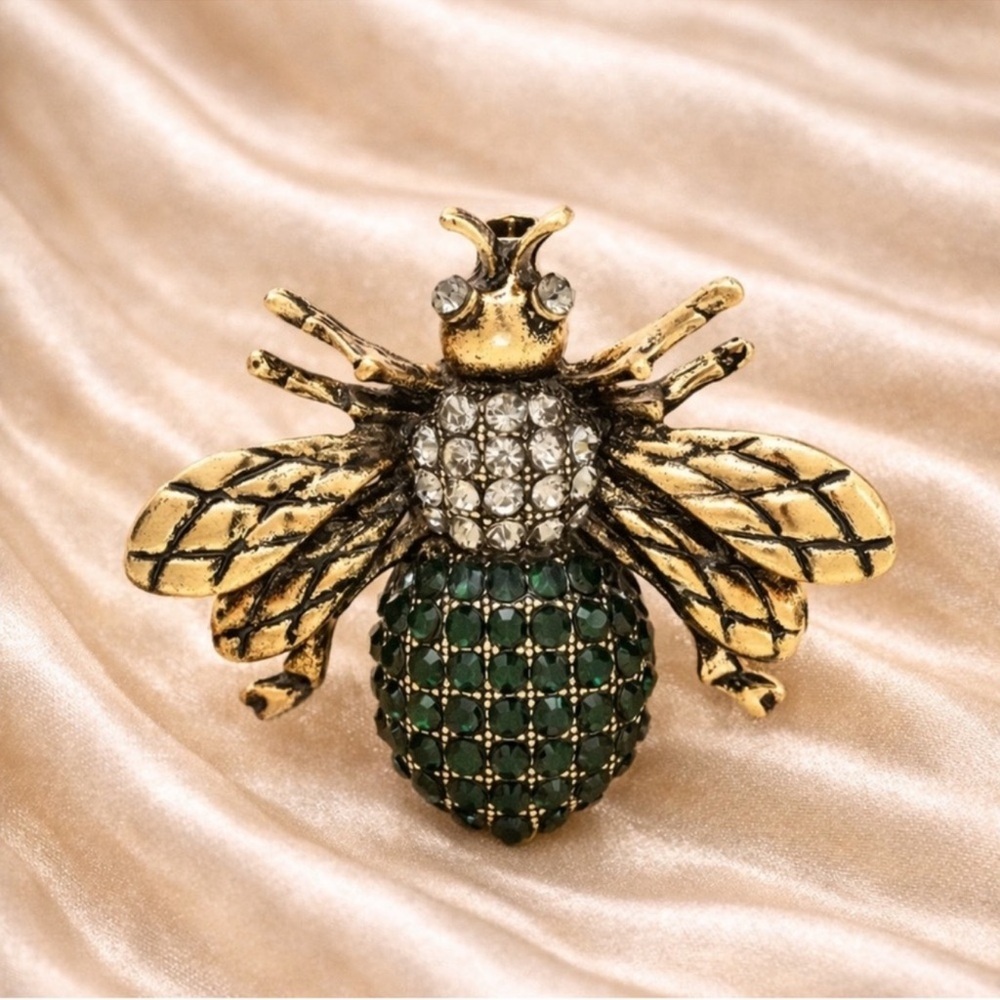 Anthropologie Gold Bee Brooch with Green Rhinestones